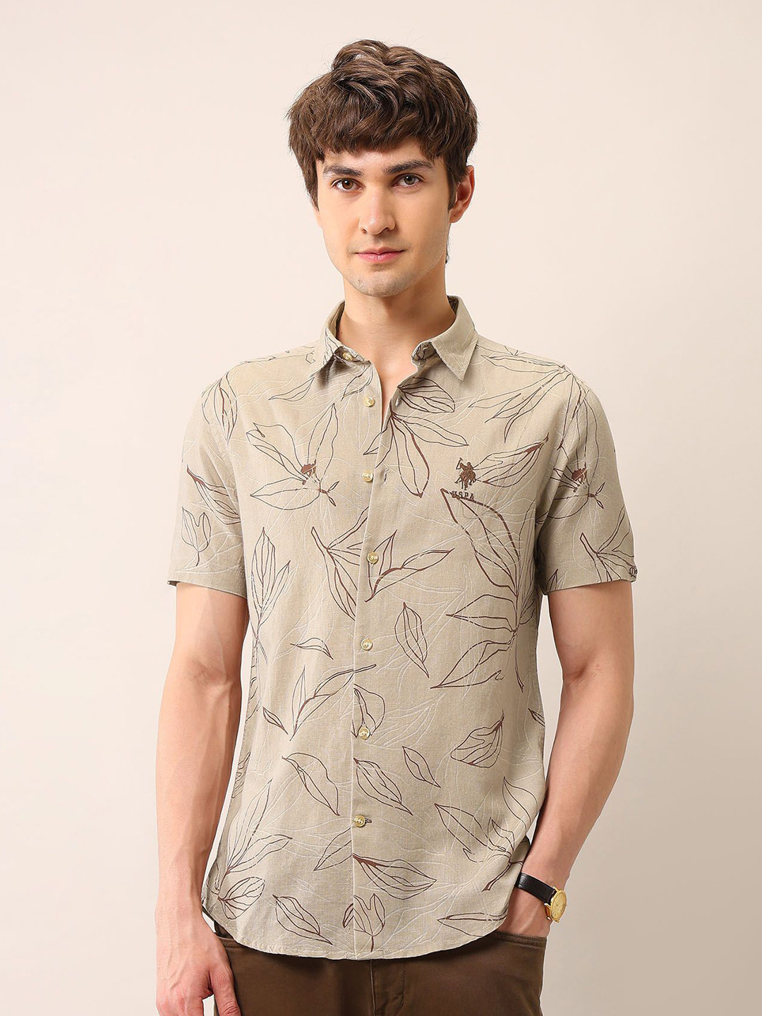 U.S. Polo Assn. Denim Co. Men Classic Tropical Printed Cotton Linen Casual Shirt