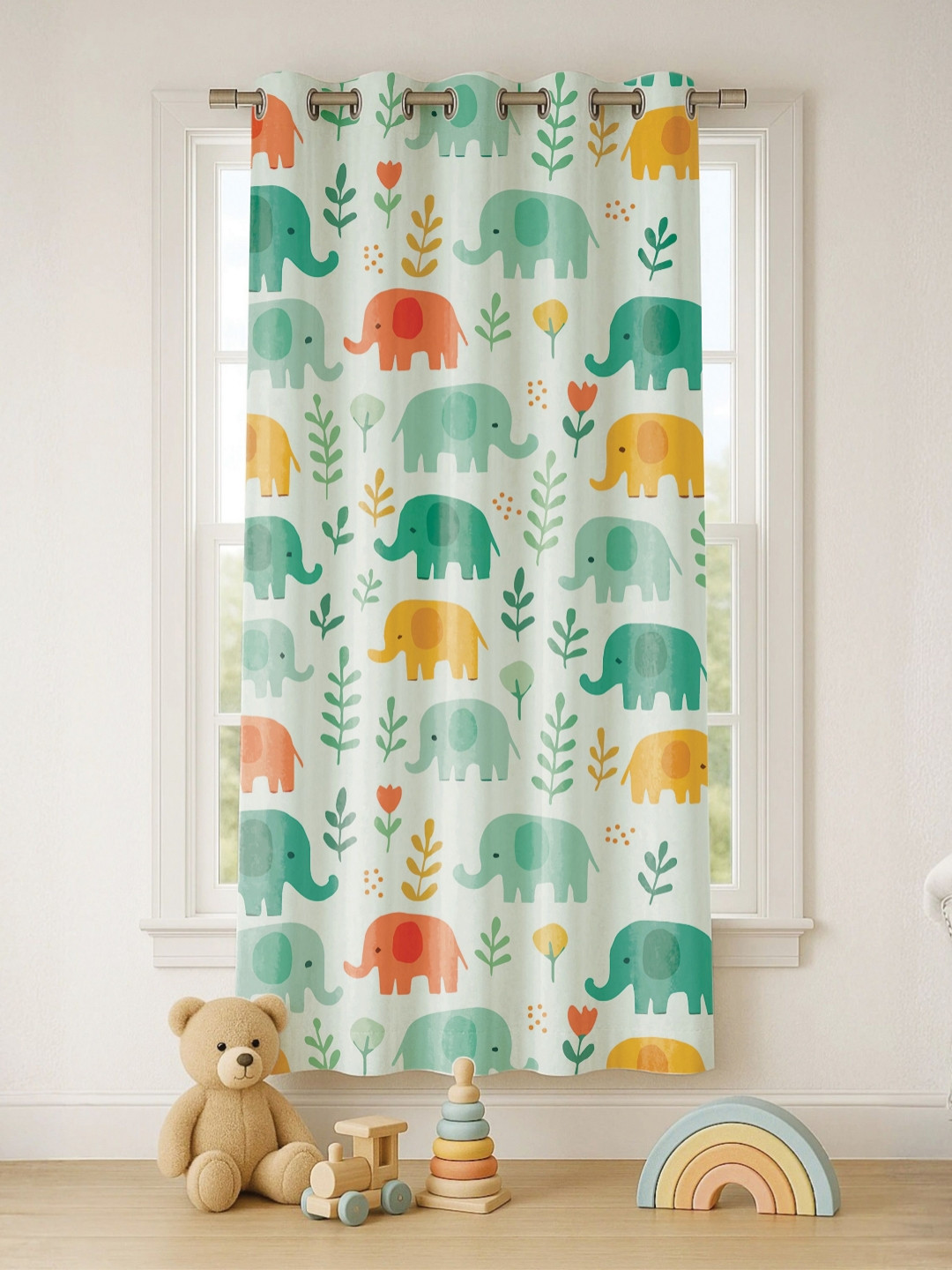 STITCHNEST Set of 1 White & Green Animal Print 5 feet Curtain