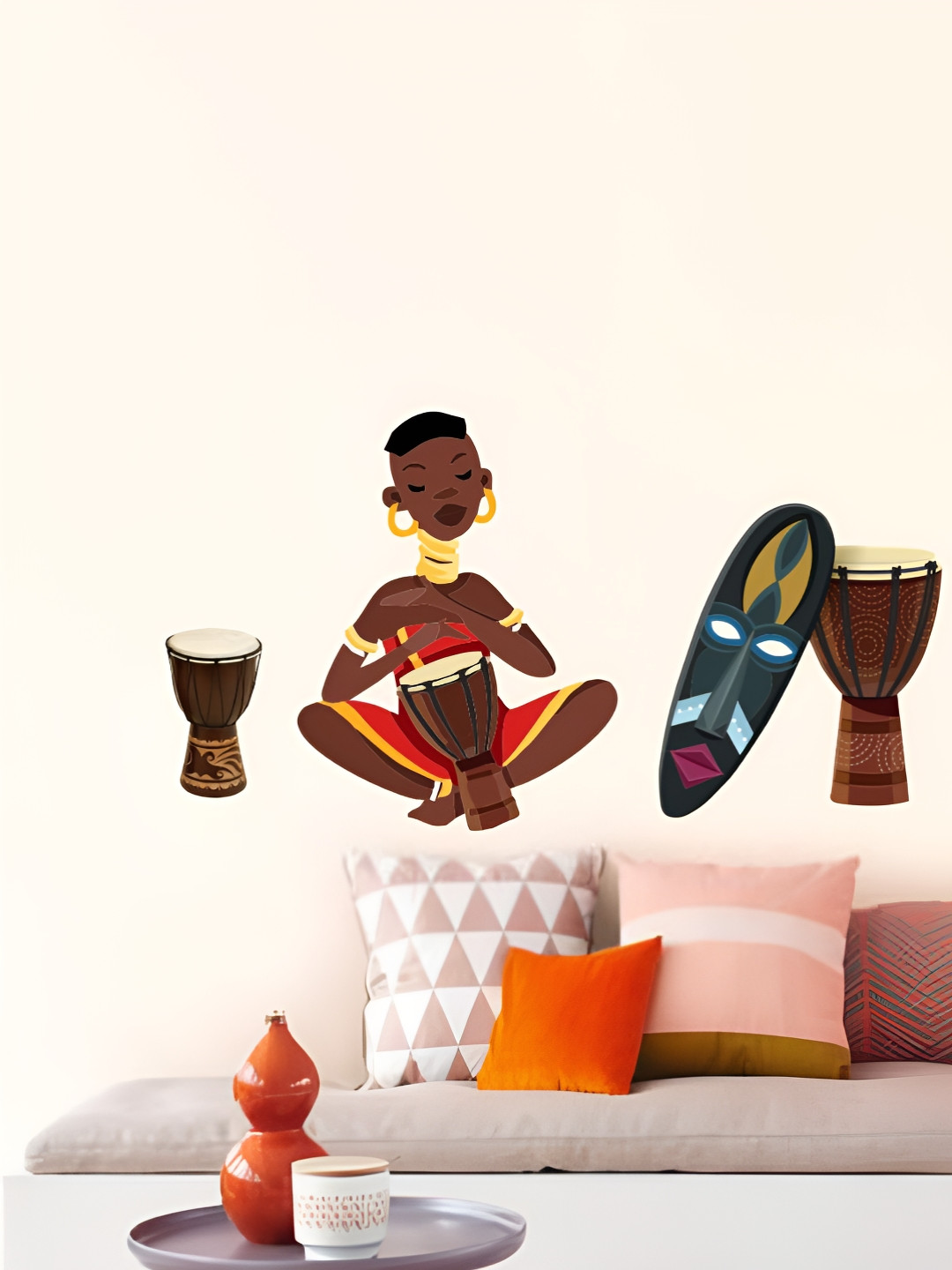 Decor Villa Multicolor Tribal Women Playing  Drums Wall Sticker