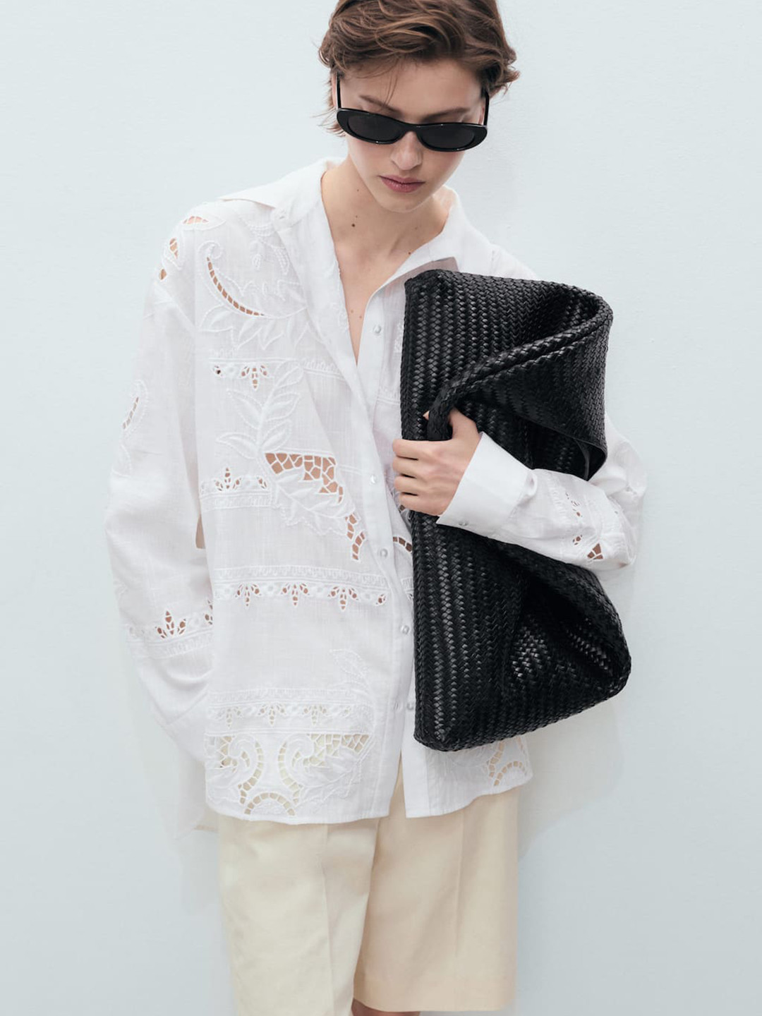 MANGO Floral Embroidered Cut-Our Detail Semi Sheer Drop-Sleeves Oversized Shirt