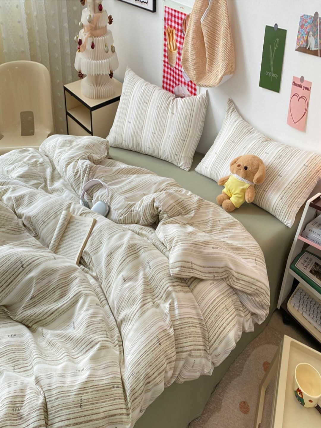 JC HOME Green Striped Polycotton 3 Piece Double Extra Large Regular Bedding Set