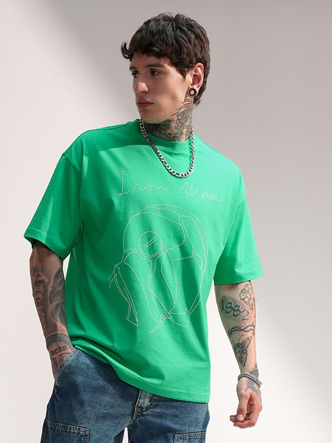 HIGHLANDER Iron Man Embroidered Drop-Shoulder Sleeves Cotton T-shirt