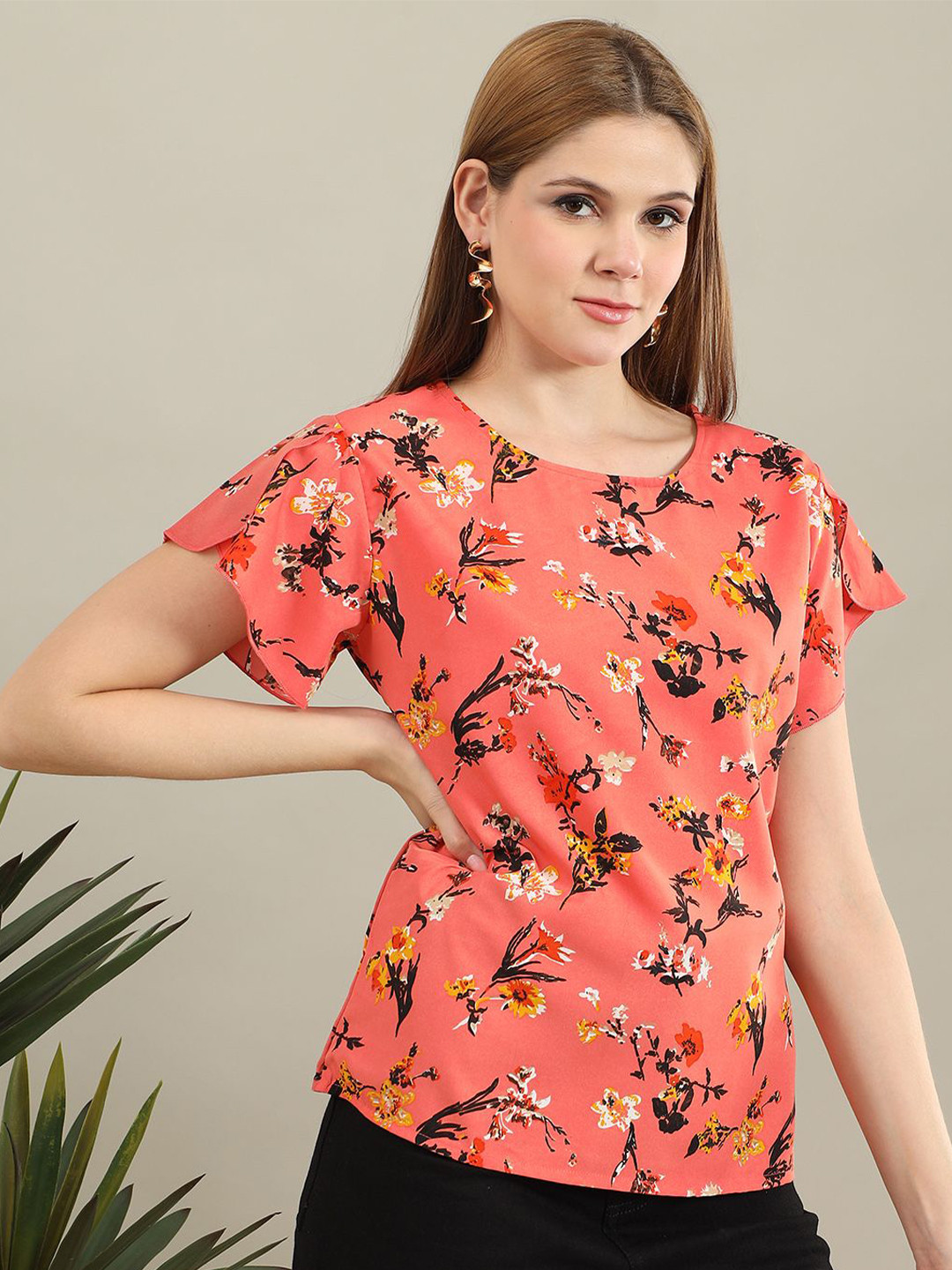 bearbrother Women Self Design Print Flutter Sleeve Crepe Top