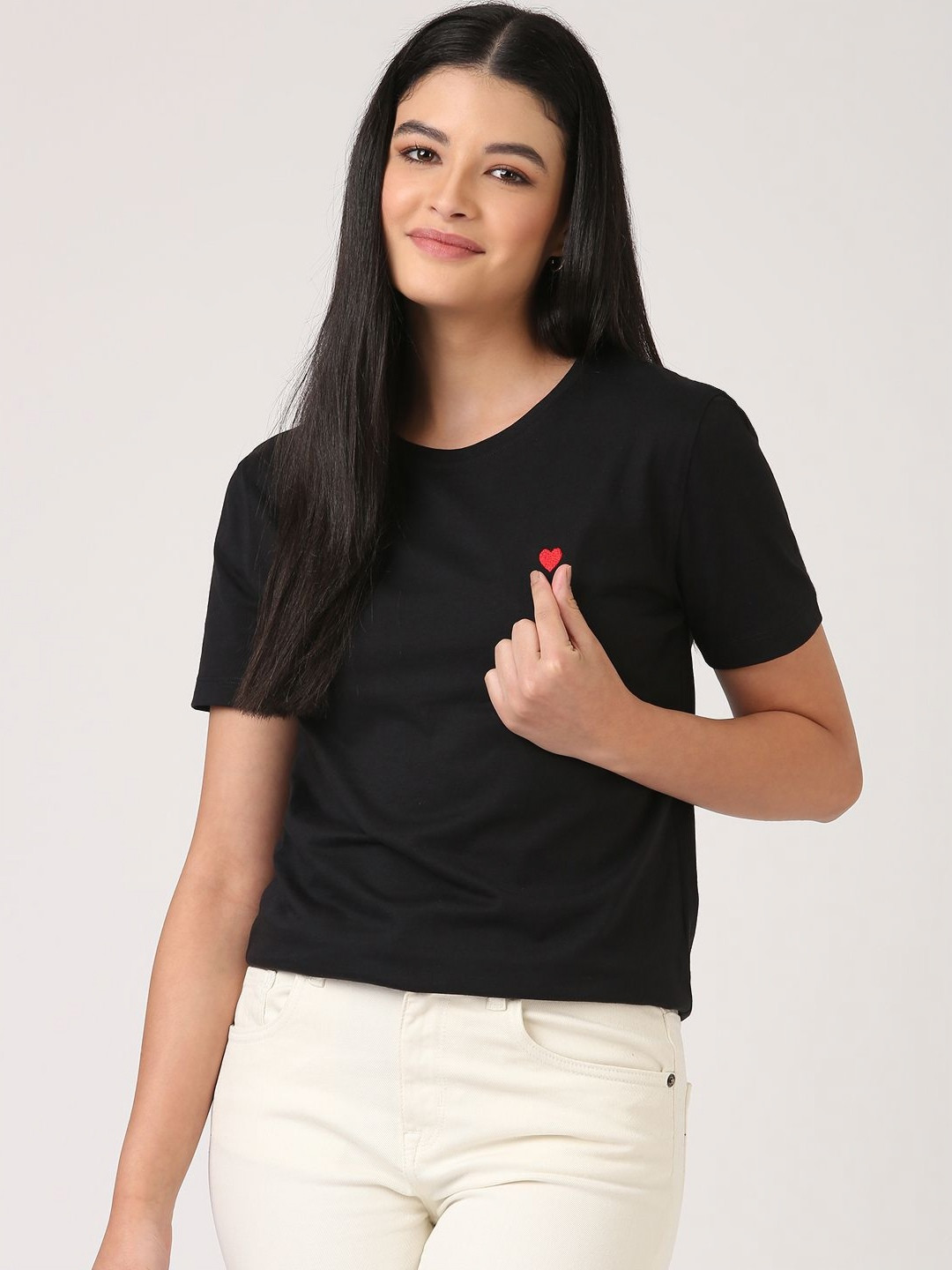 Jolene.club Black Solid Heart Embroidered Round Neck Cotton Regular Fit T-shirt