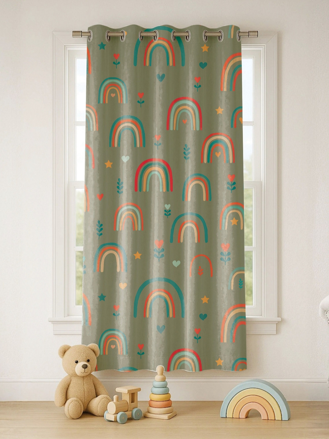 STITCHNEST Set of 1 Grey & Red Cartoon Print 5 feet Curtain