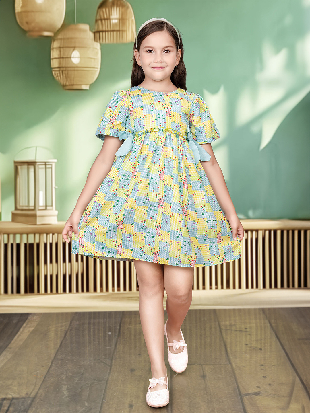 TINY TWILLS Checked Flared Sleeve Fit & Flare Dress