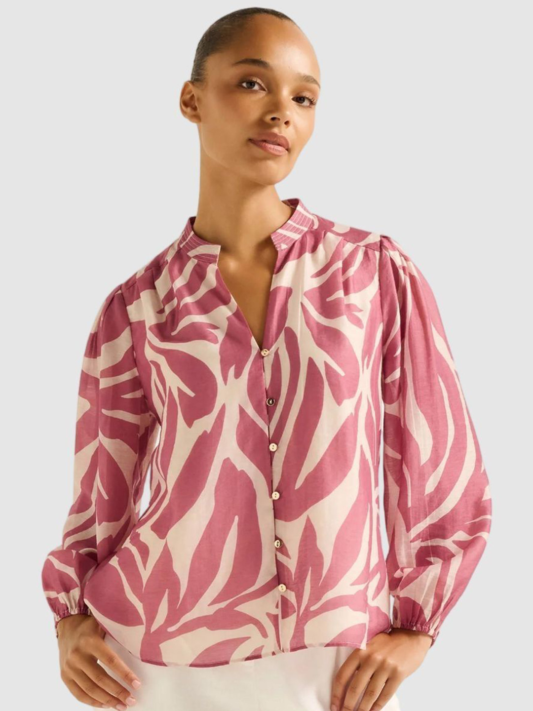 Forever New Abstract Printed Mandarin Collar Cuffed Sleeves Regular Top