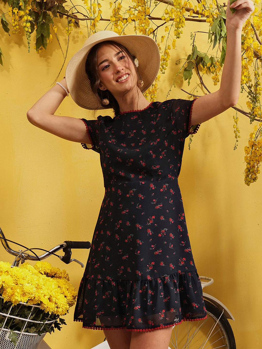 QUIERO Women Floral Printed Round Neck A-Line Dress