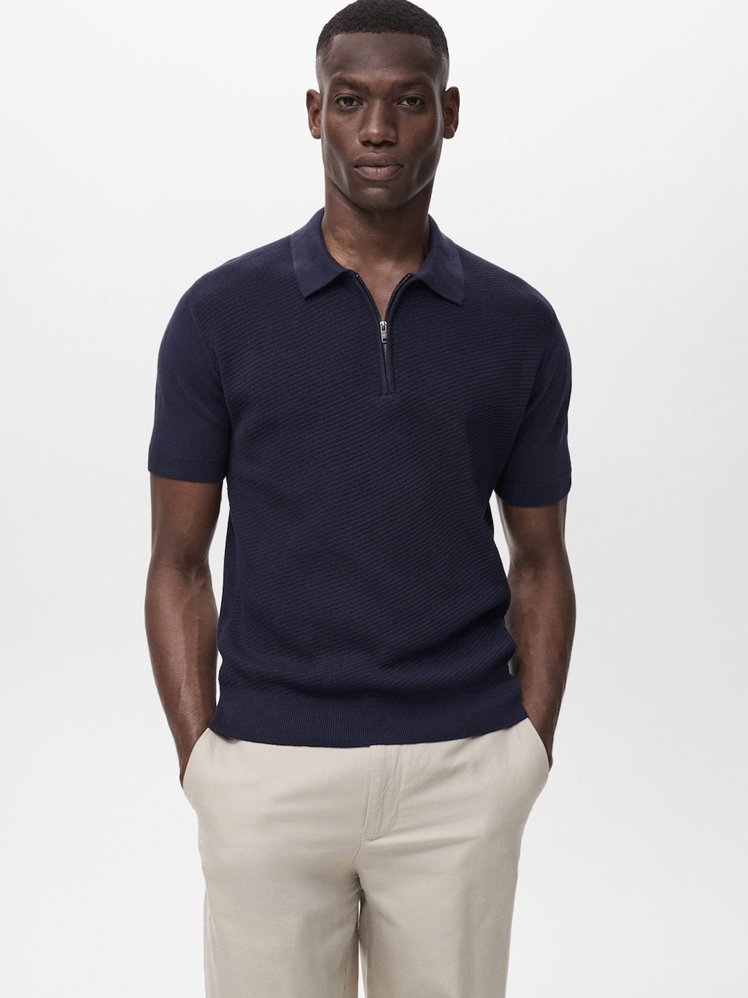 MANGO MAN Open-Work Knitted Pure Cotton Polo Collar T-shirt