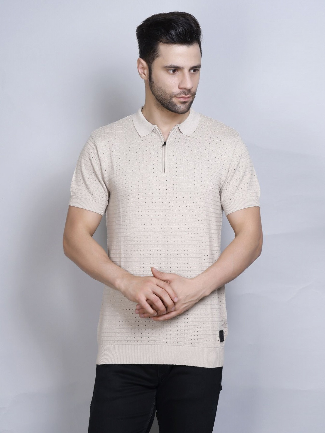 PULAKIN Self Design Polo Collar Pure Cotton T-Shirt