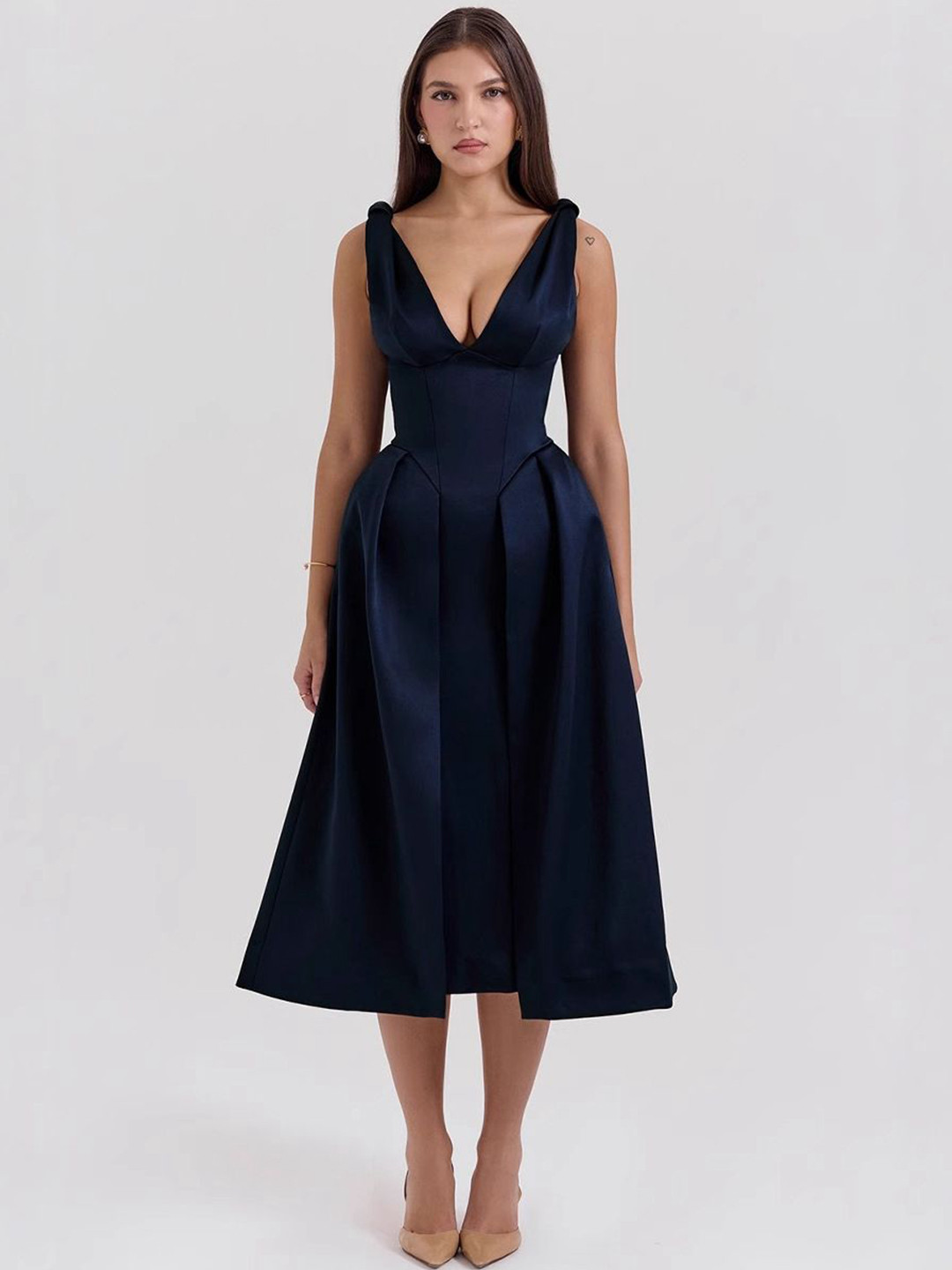 bebe Navy Blue Plunge Neck Corset Style Fit & Flare Midi Dress