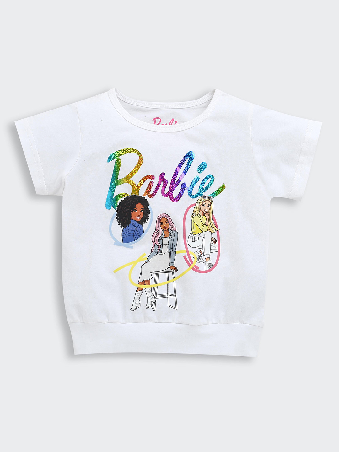 Tiny Girls Barbie Printed Round Neck Short Sleeves Top
