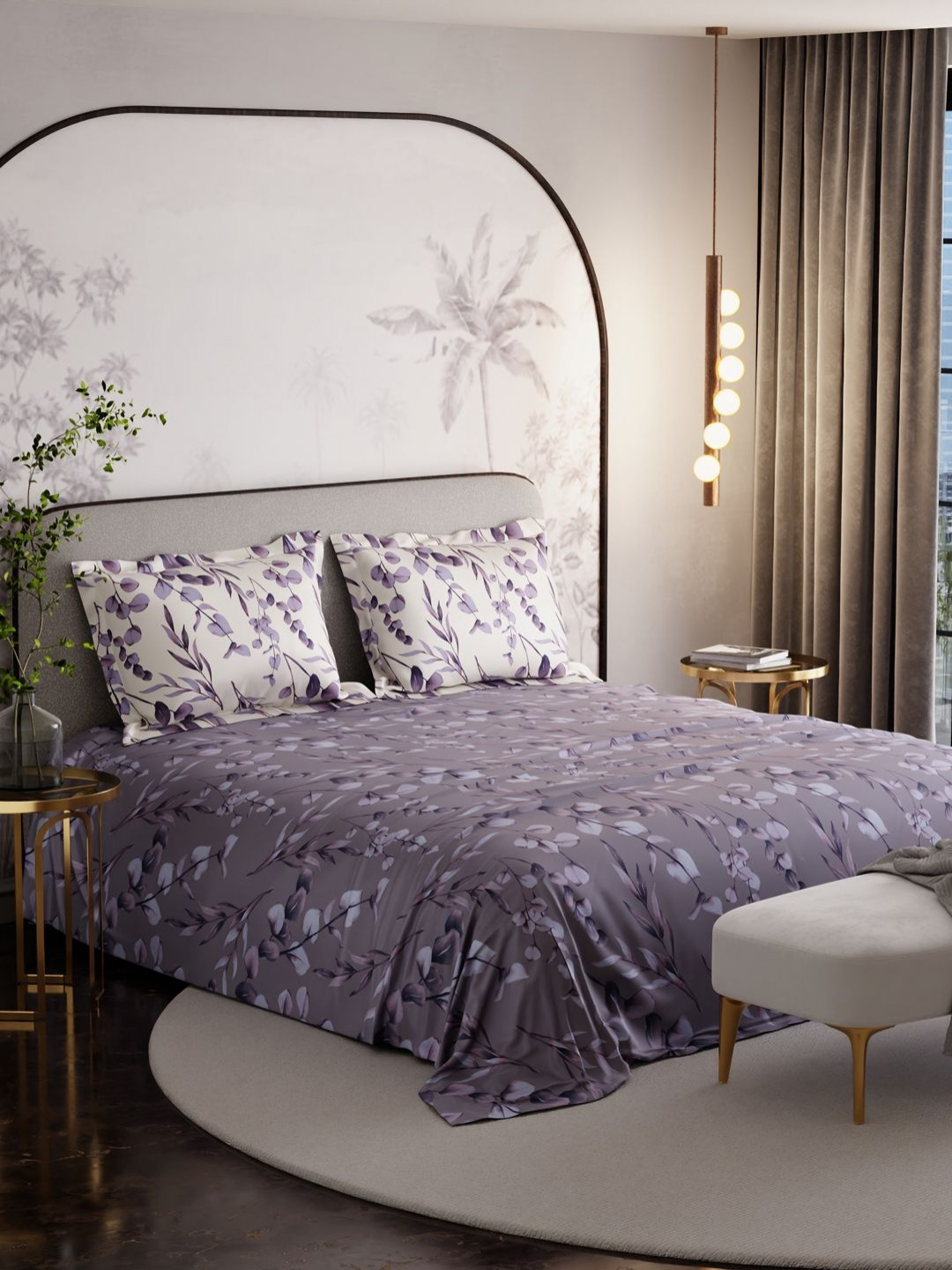 Stoa Paris French Bloom Grey Floral Cotton Breathable 300 TC Super King Fine Bedsheet with 2 Pillow Covers-108 x 108 inches