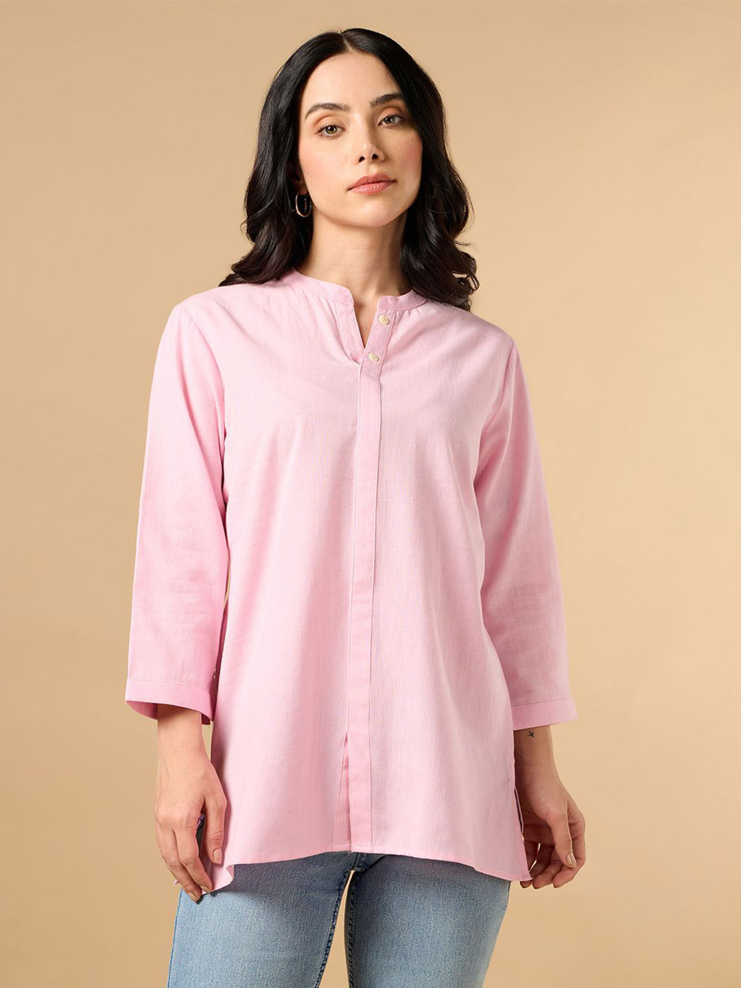 COTTONS DAILY Women Pink Solid Mandarin Collar Cotton Linen Kurta