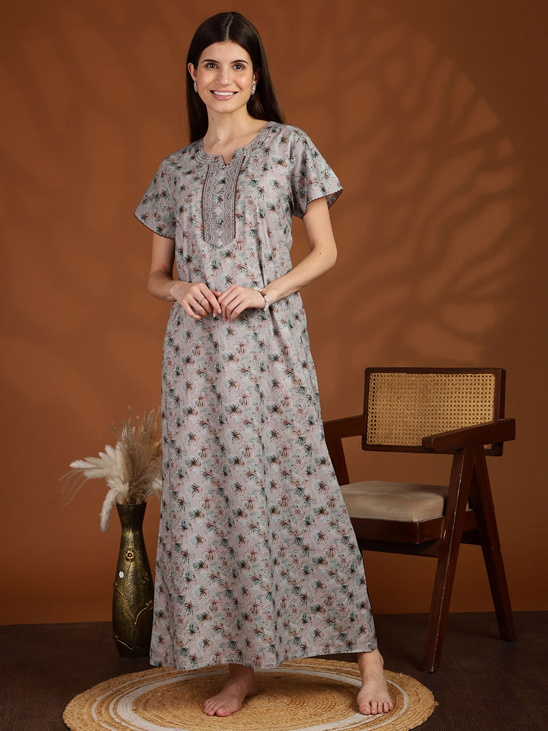 9shines Label Digital Print Cotton Maxi Nightdress With Pocket Details