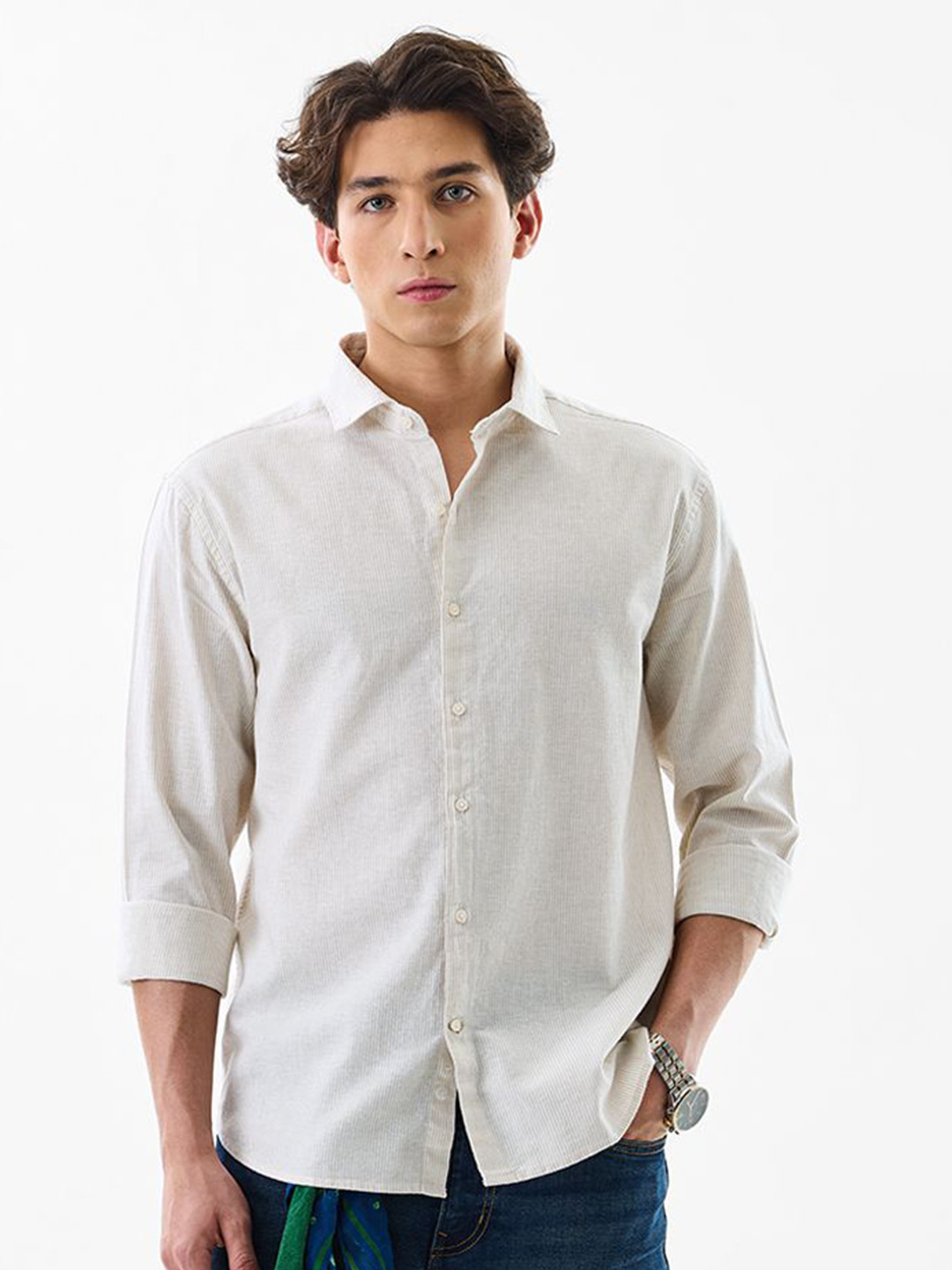 Snitch Pin Striped Cotton Linen Casual Shirt
