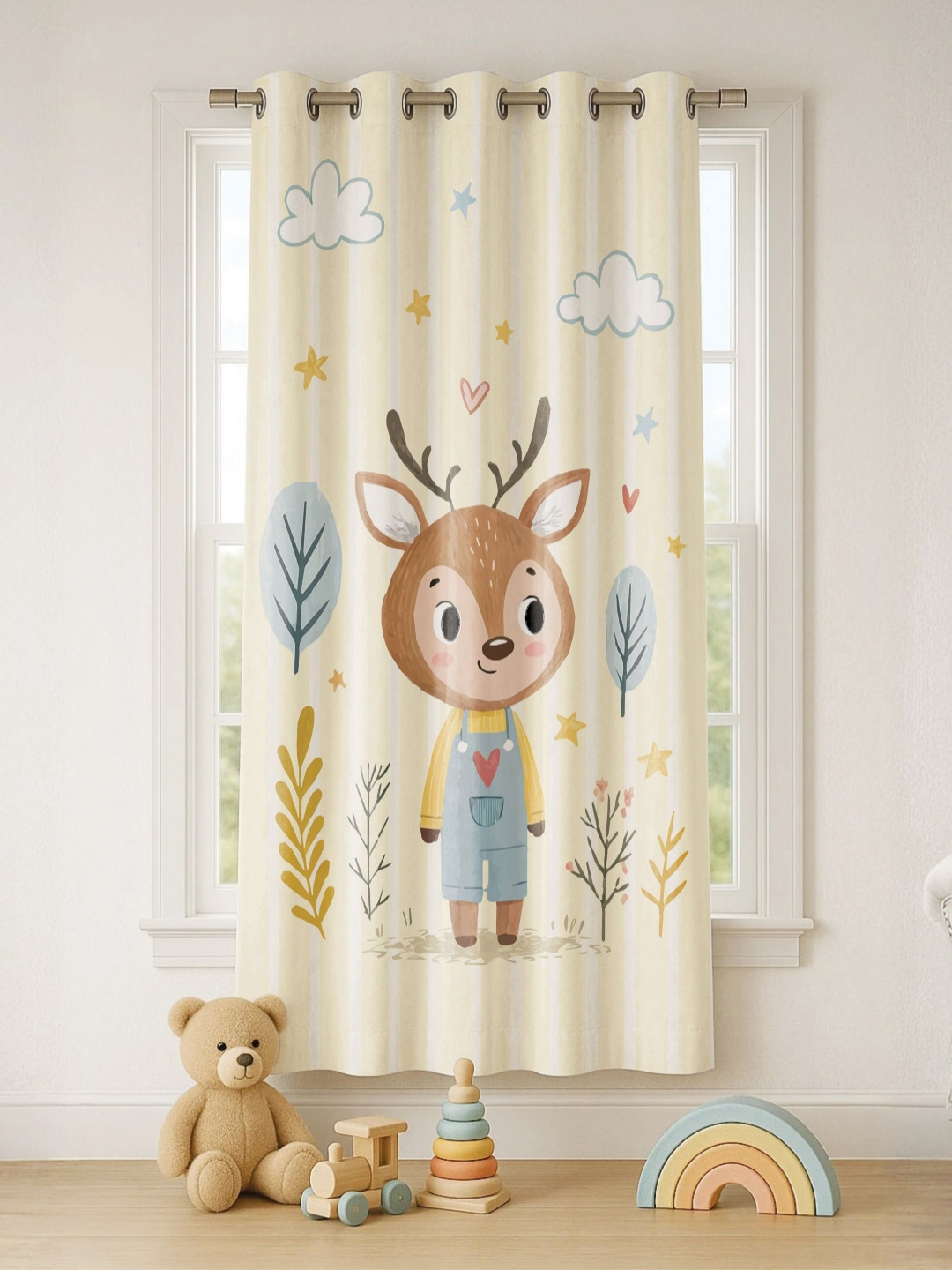 STITCHNEST Set of 1 Beige & White Cartoon Print 7 feet Curtain