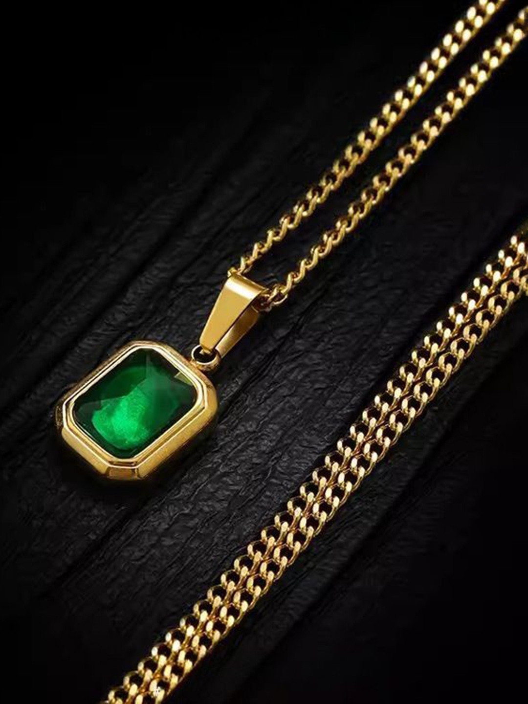 BEYTER Gold-Plated Stone Studded Rectangle Charm Pendant With Chain