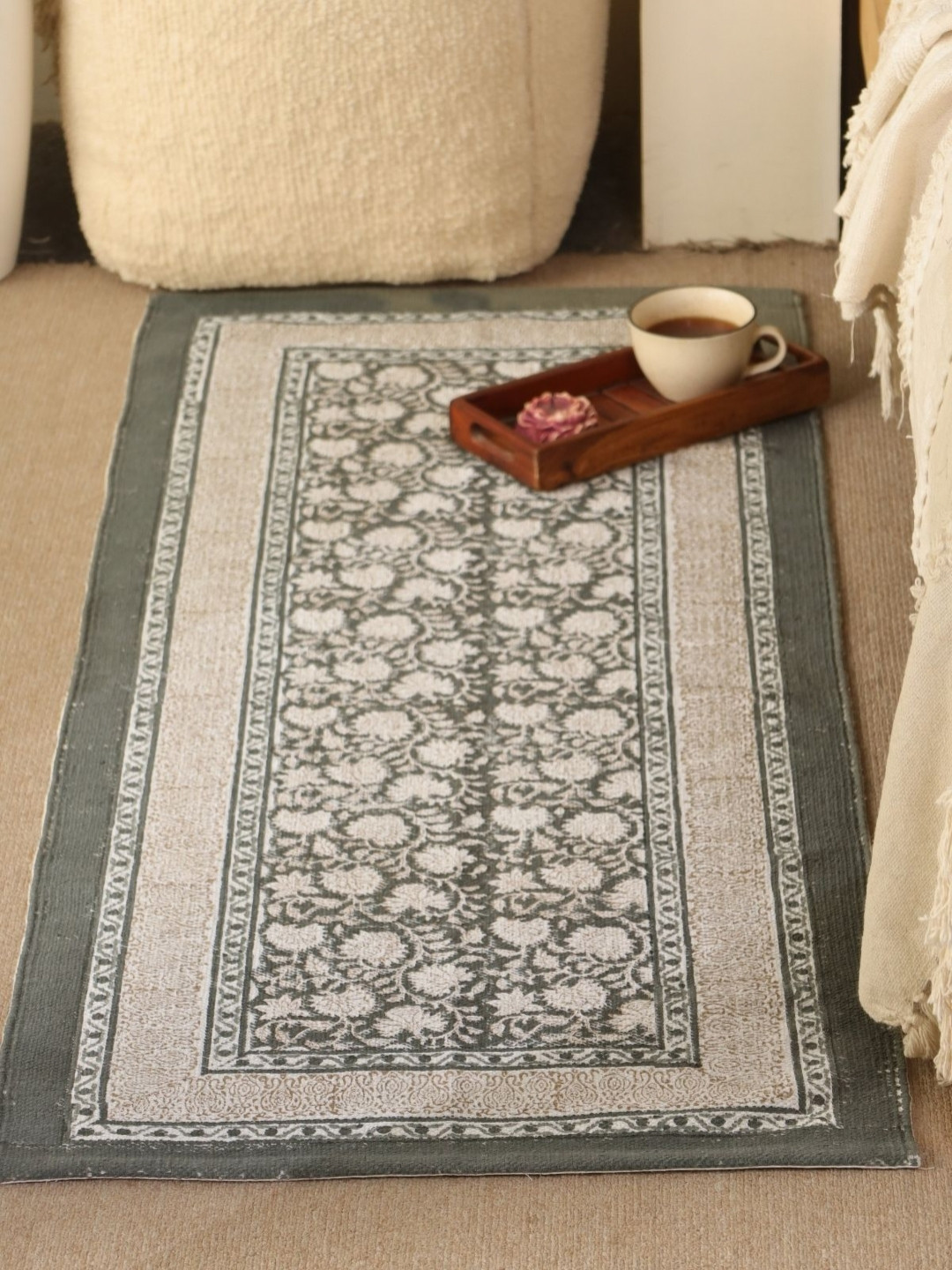 Peepul Tree Charcoal colored & White Pure Cotton Block Printed Bedside Runner