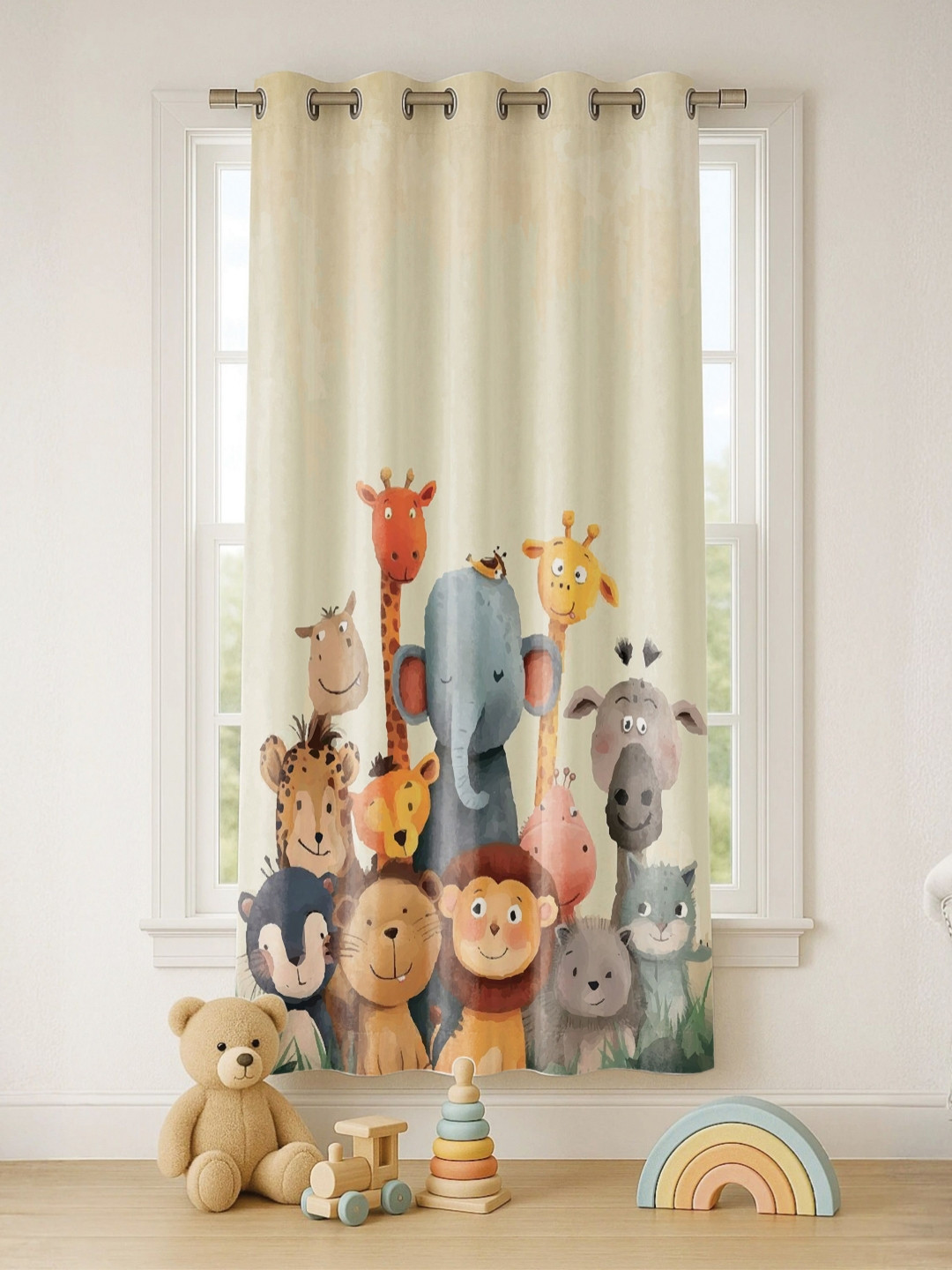 STITCHNEST Set of 1 Beige & Grey Cartoon Print 7 feet Curtain