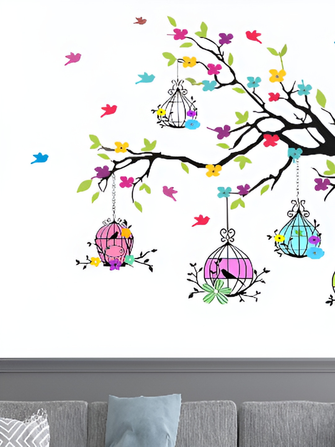 Decor Villa Multicolor Combo of branches birds and cages Wall Sticker