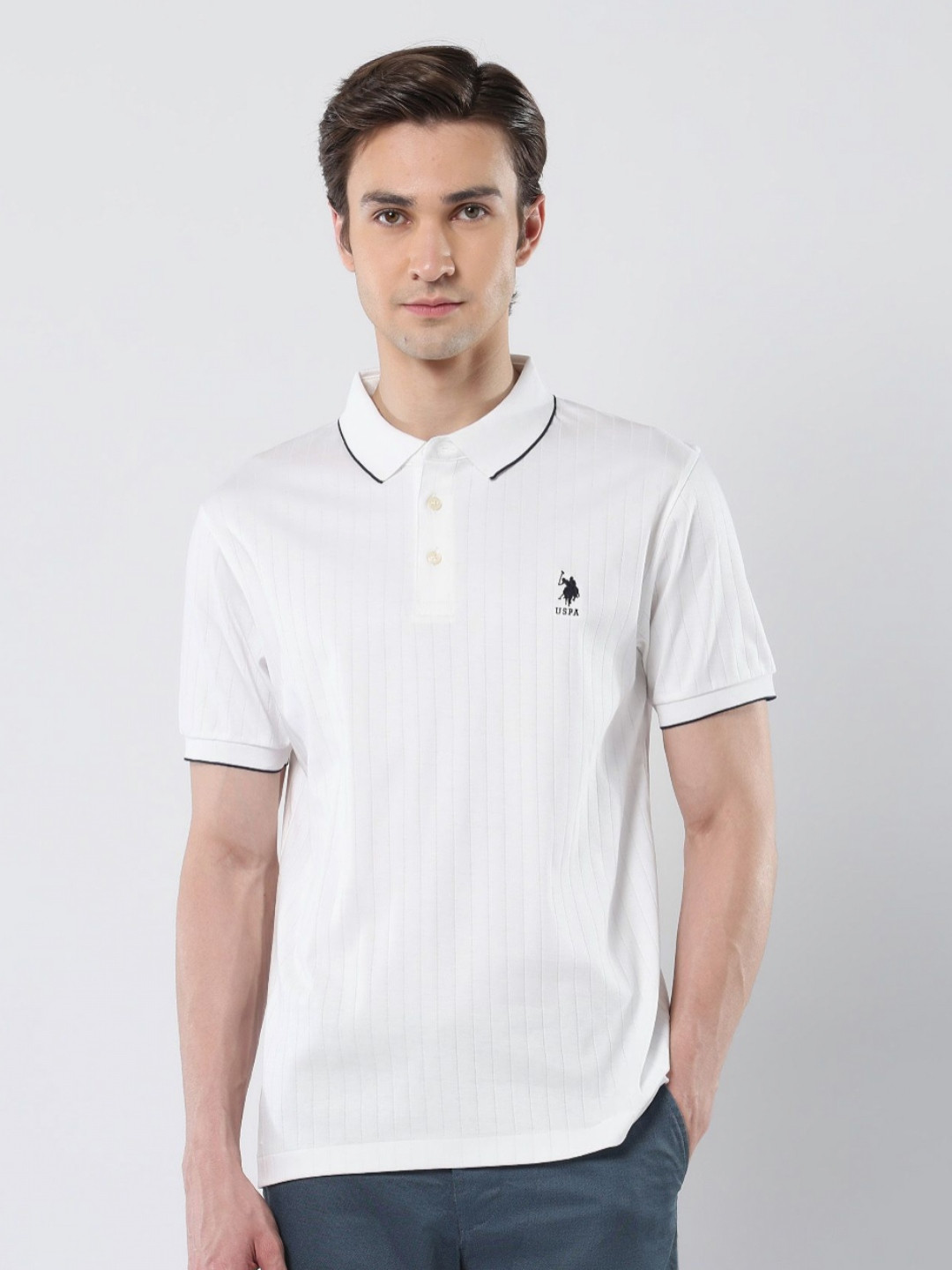 U.S. Polo Assn. 135 Anniversary Self Design Polo Collar Pure Cotton Slim Fit T-shirt