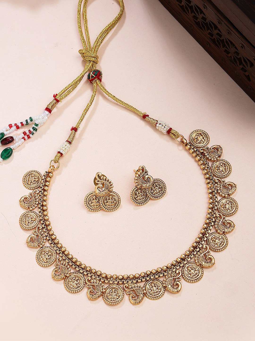 KARATCART Gold-Plated Laxmi Mata & Peacock Coin Temple Jewellery Set