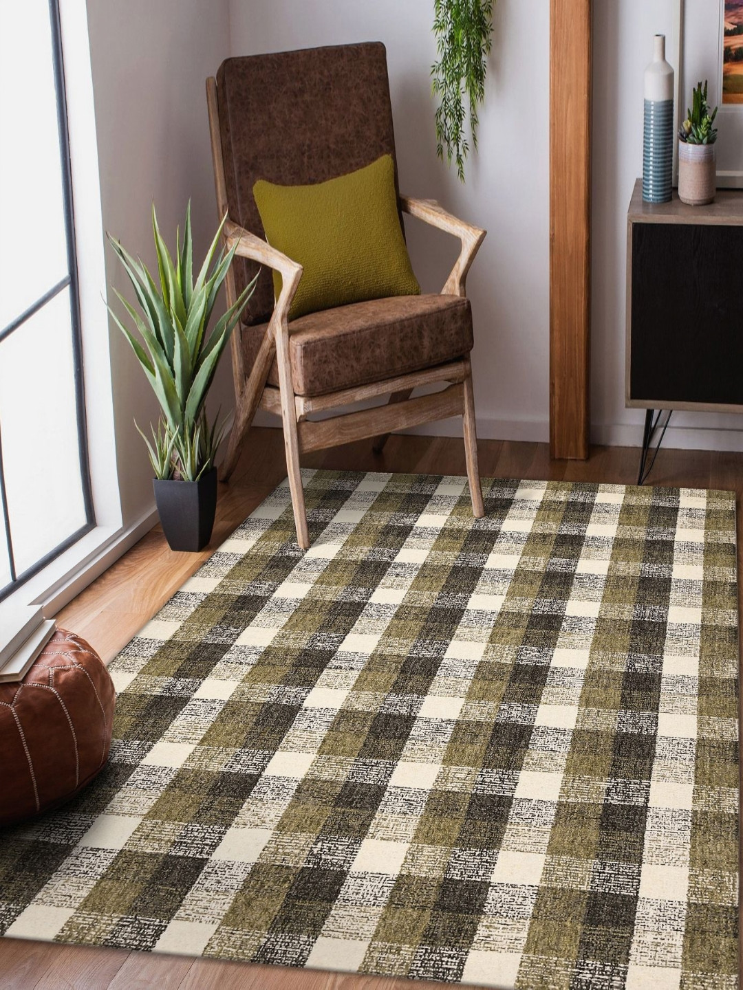 saraswatii global Tartan Plaid Khaki & White Geometric Printed Tufted Woollen Carpet