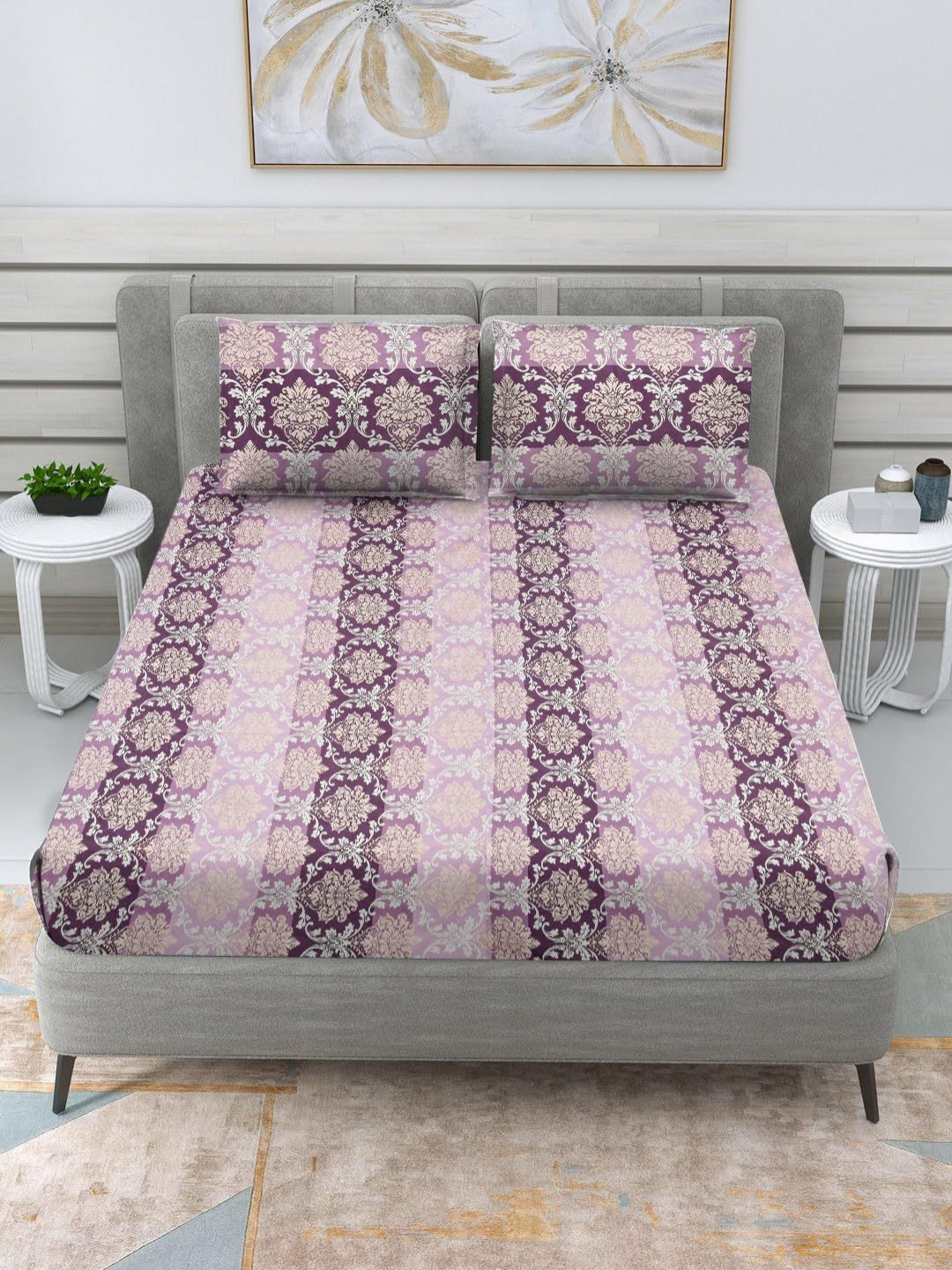 Aura Maroon Floral Microfiber 210 TC King Fine Bedsheet with 2 Pillow Covers-108 x 108 inches