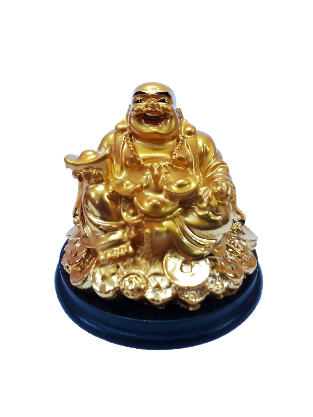 Afterstitch Laughing Buddha Sitting On Coins Money Bag Gold Polyresin Natural Living Room Small Showpiece -