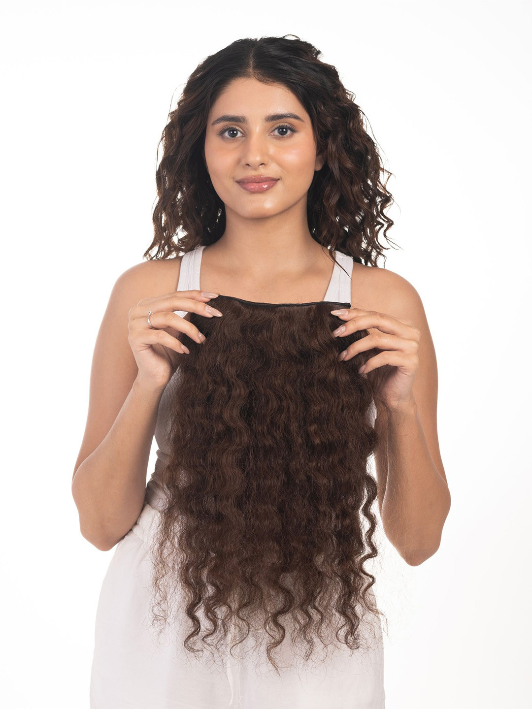 HAIRJOY 4 Clip In Curly Scalp Topper Hair Extension - Medium Chocolate Brown - 16 Inch