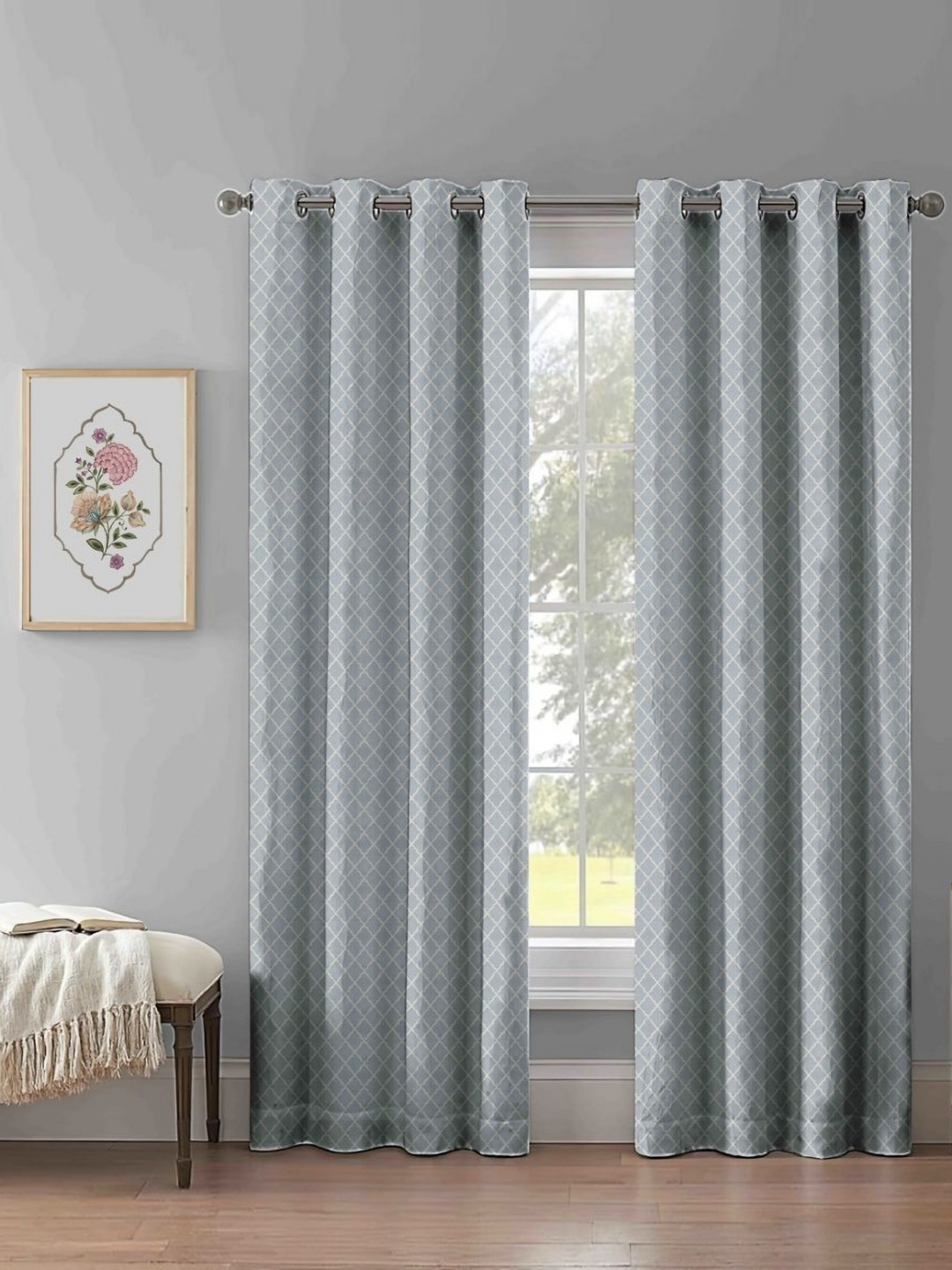 Myntra Elegant Homes Green & White Set of 2 Geometric Room Darkening Door Curtain
