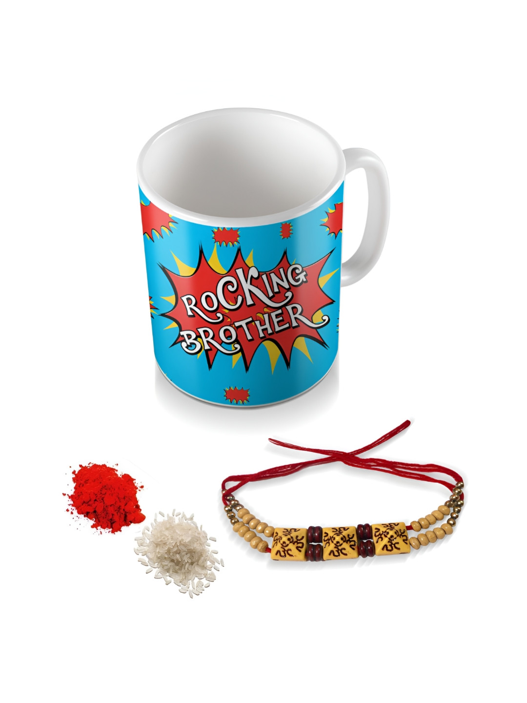 SKYTRENDS Bell Brew His Always Multicoloured Typography Ceramic Microwave Safe Mug with Rakhi, Roli, Chawal-330ml