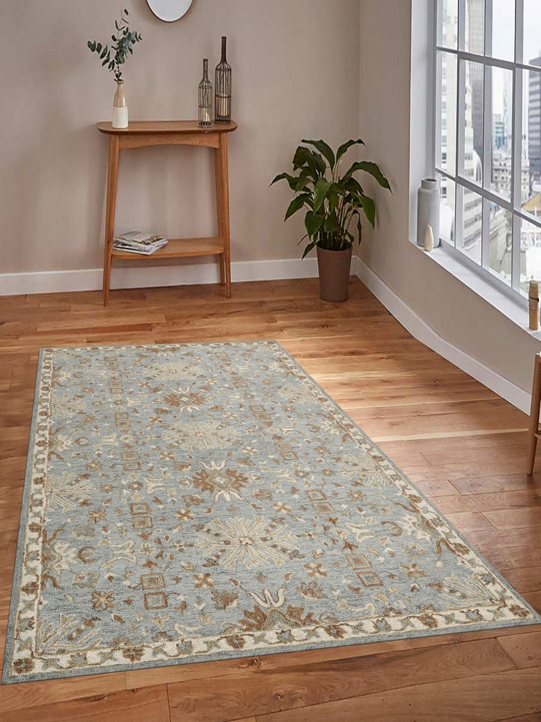 saraswatii global Lewis Farmhouse Blue & Brown Floral Printed Tufted Woollen Carpet