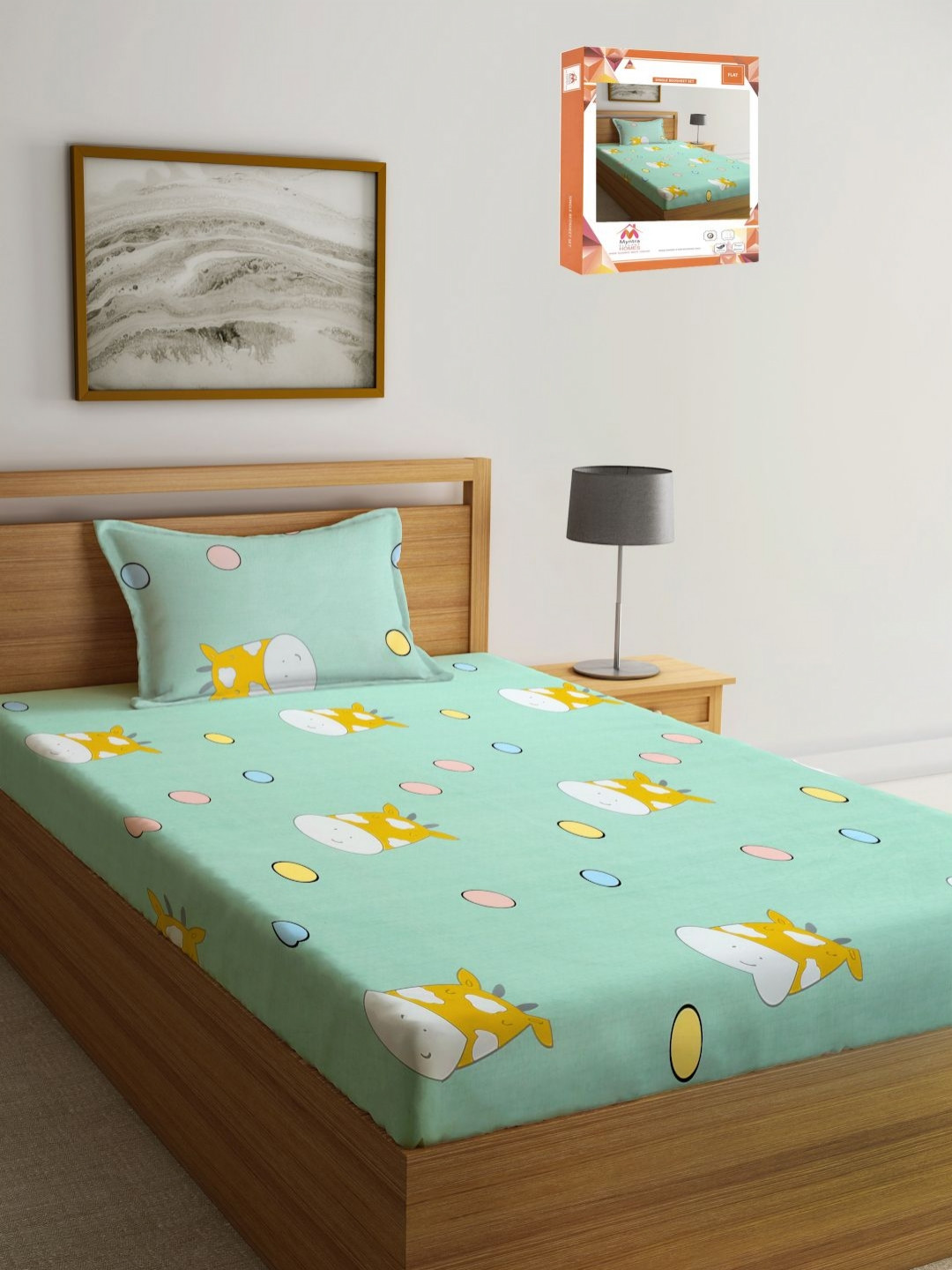 Myntra Elegant Homes Book Fold Green Conversational Polycotton 300 TC Double Fine Bedsheet with a Pillow Cover-87 x 59 inches