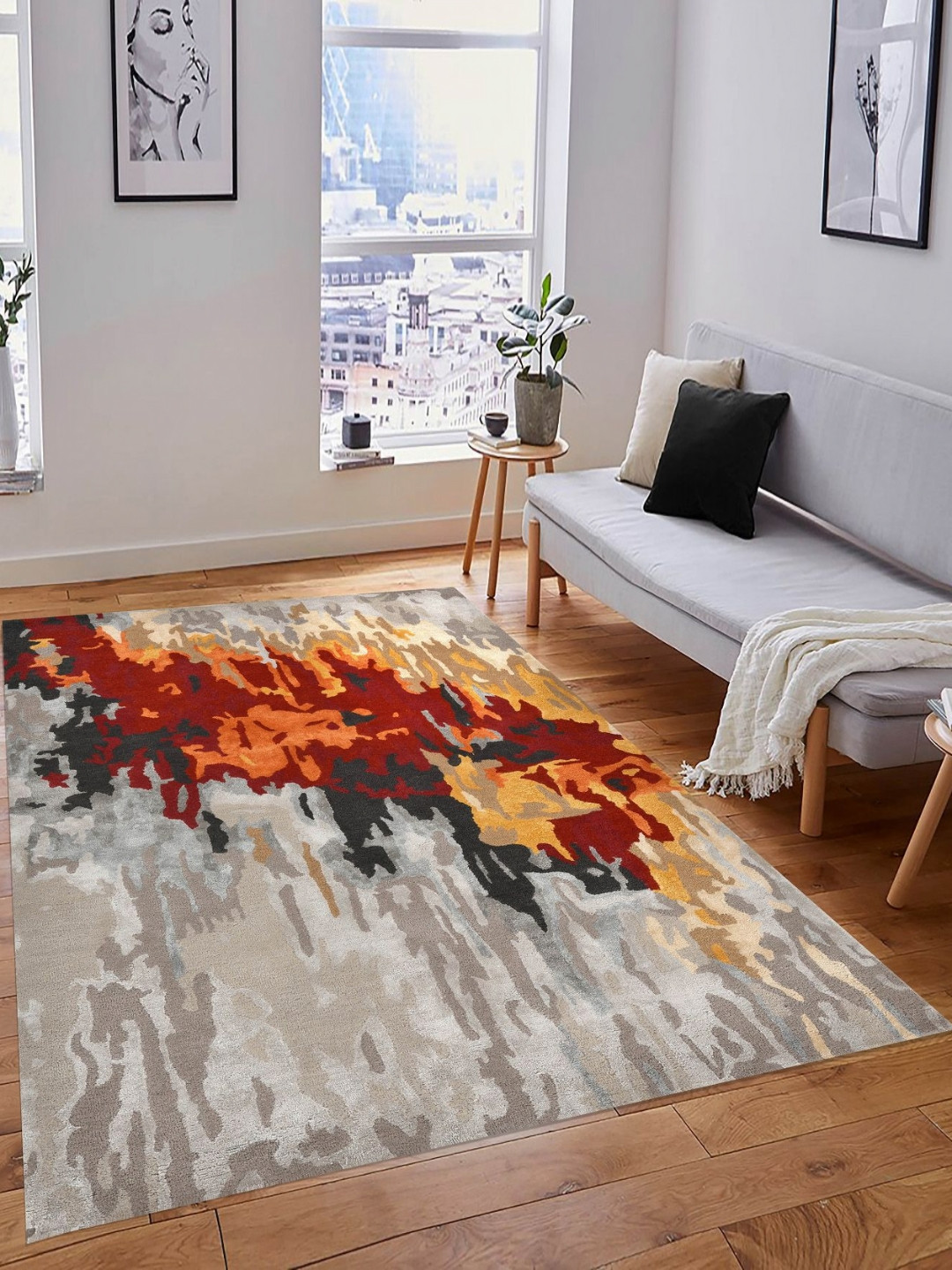 saraswatii global Cubism Off White & Red Printed Tufted Woollen Carpet