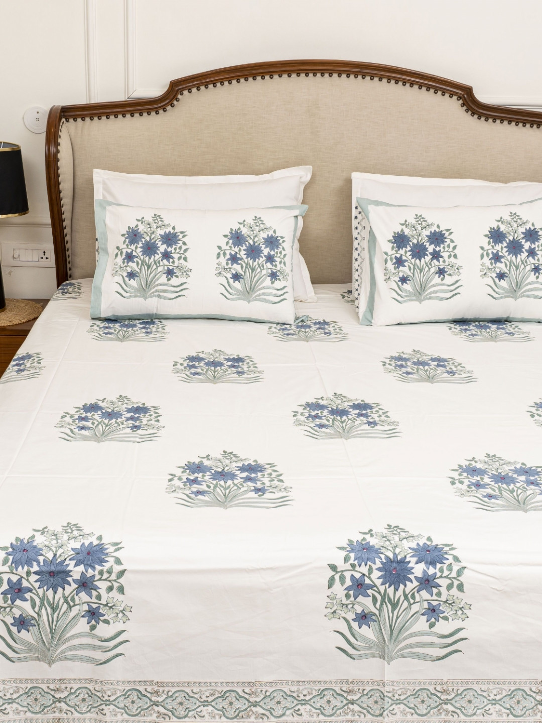 MuddnMe Blue Bells White Floral Pure Cotton 300 TC Queen Fine Bedsheet with 2 Pillow Covers-90 x 108 inches