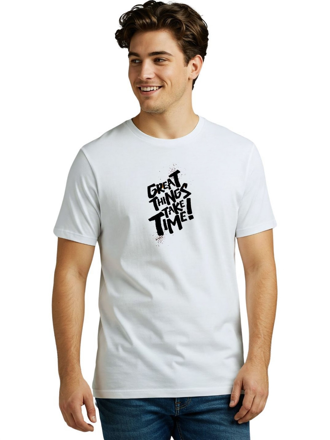 PULP Unisex Great Things Take Time Printed White Slim Fit T-shirt