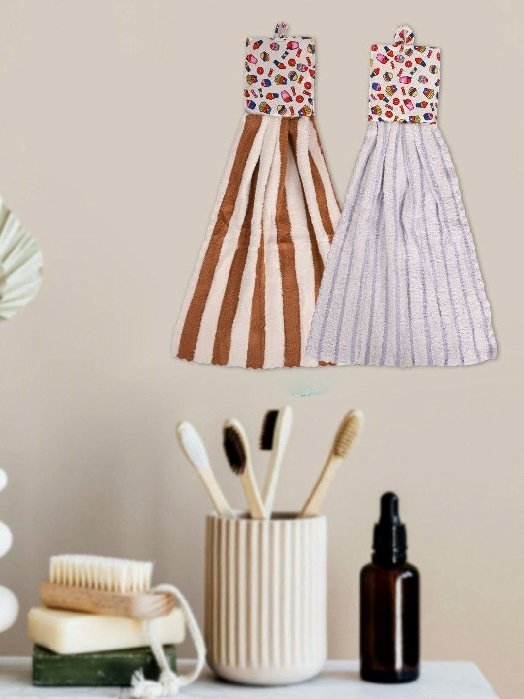 LOOM LEGACY 2Pcs Brown & Purple Striped Microfibre Hanging Kitchen Towels