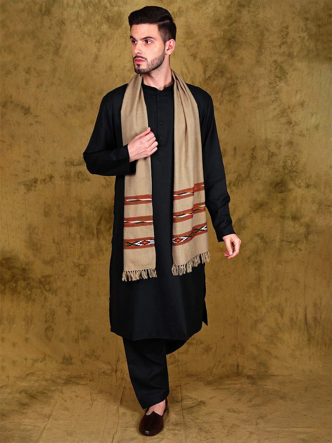 Exotic India Kullu Scarf with Kinnauri Woven Triple Border (Unisex)