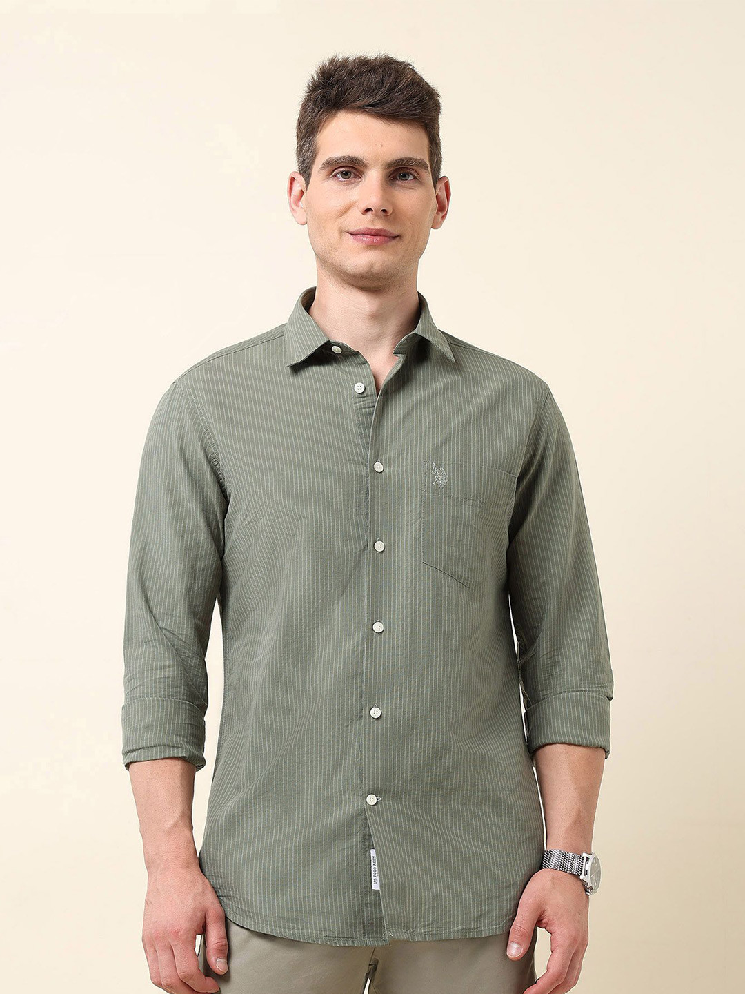 U.S. Polo Assn. Men Classic Tailored Fit Pinstriped Cotton Linen Casual Shirt