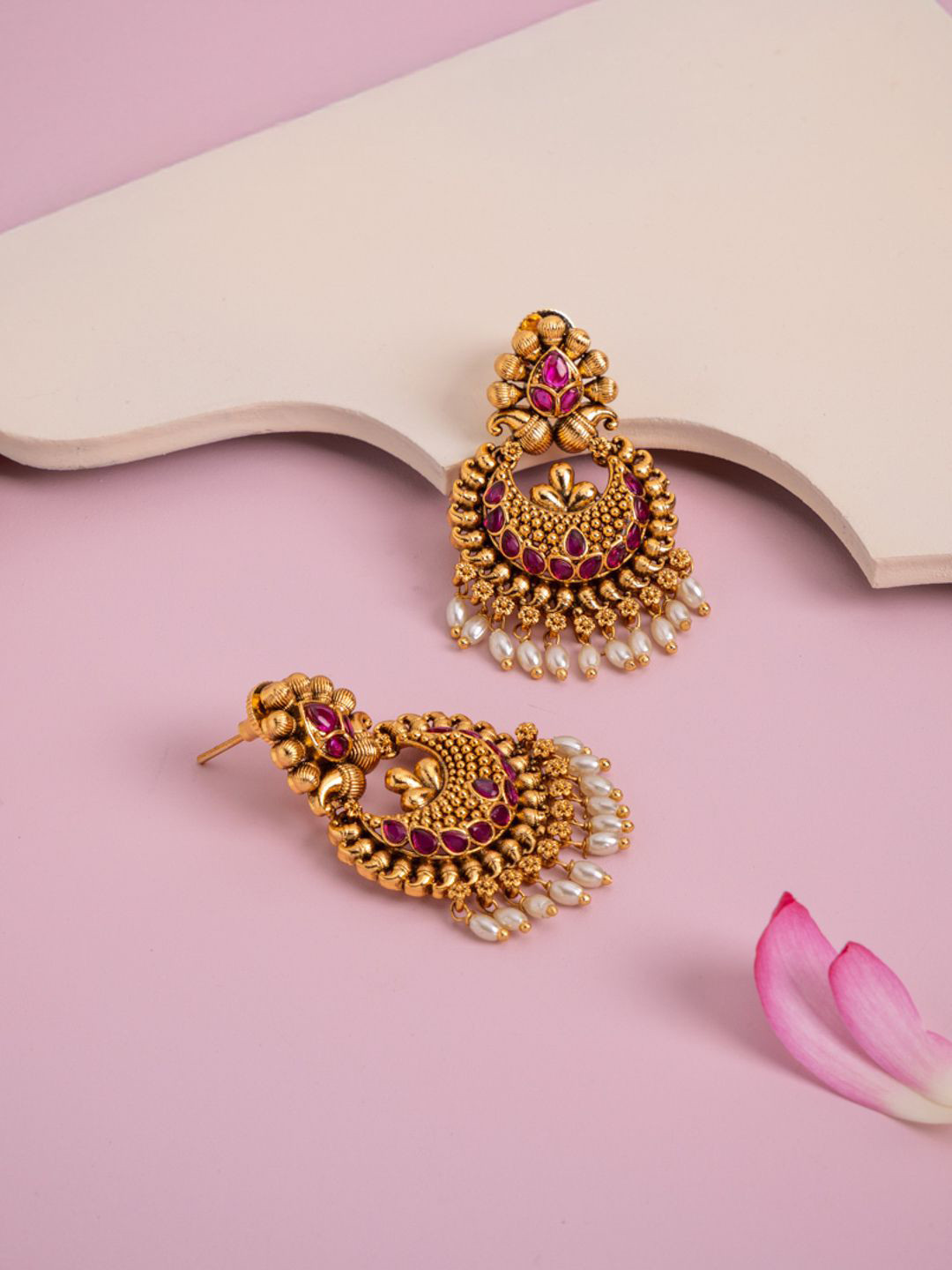 Kushal's Fashion Jewellery Gold-Plated Spherical Stone Studded & Beaded Drop Earrings