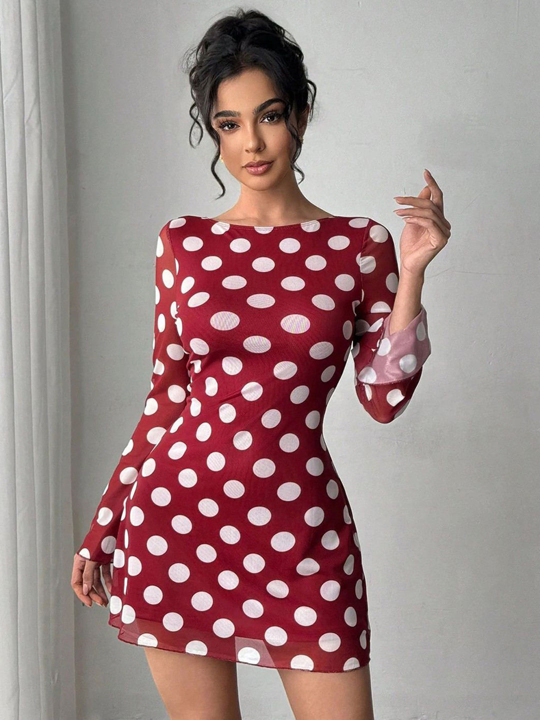 StyleCast Women Polka Dot Printed Bell Sleeve A-Line Backless Mini Dress