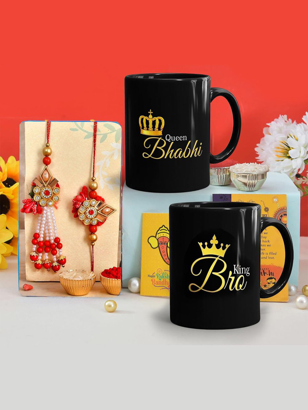 CraftVatika 6-Pcs Mugs With Greeting Card & Roli Chawal Rakhi Gift Set