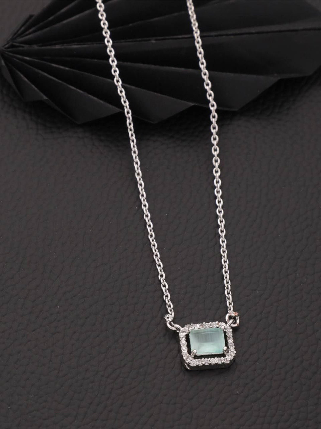 Anouk Silver-Plated Stone Studded Square Pendant With Chain