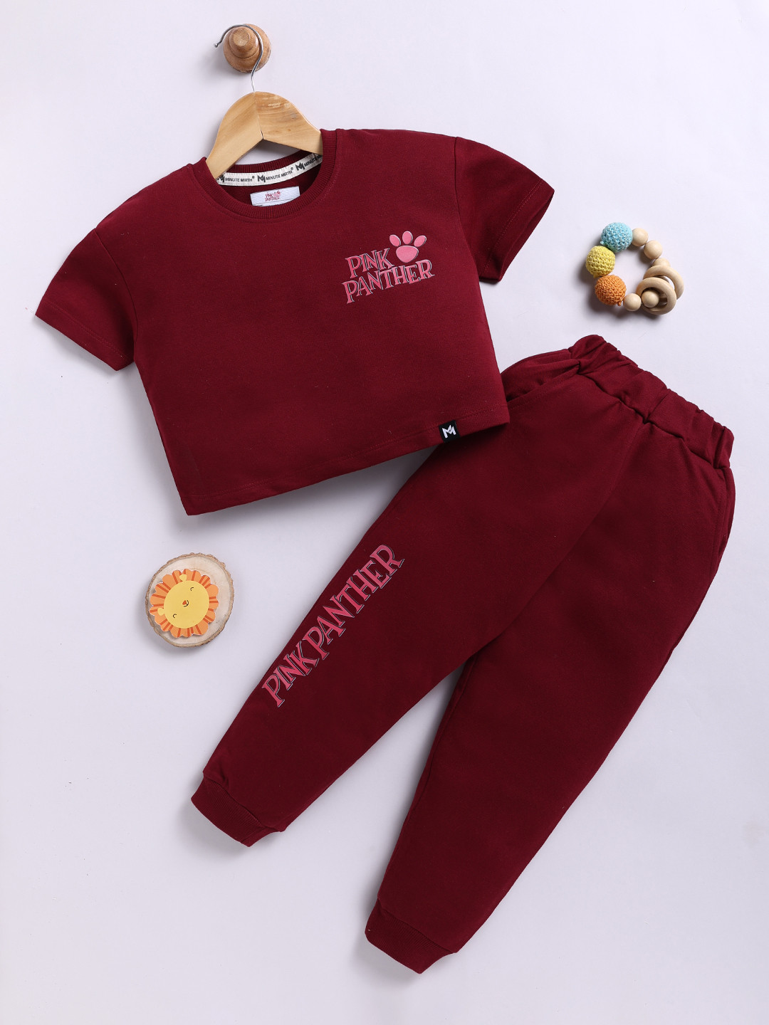 YK X Minute Mirth Girls Pink Panther Printed Pure Cotton T-shirt With Joggers