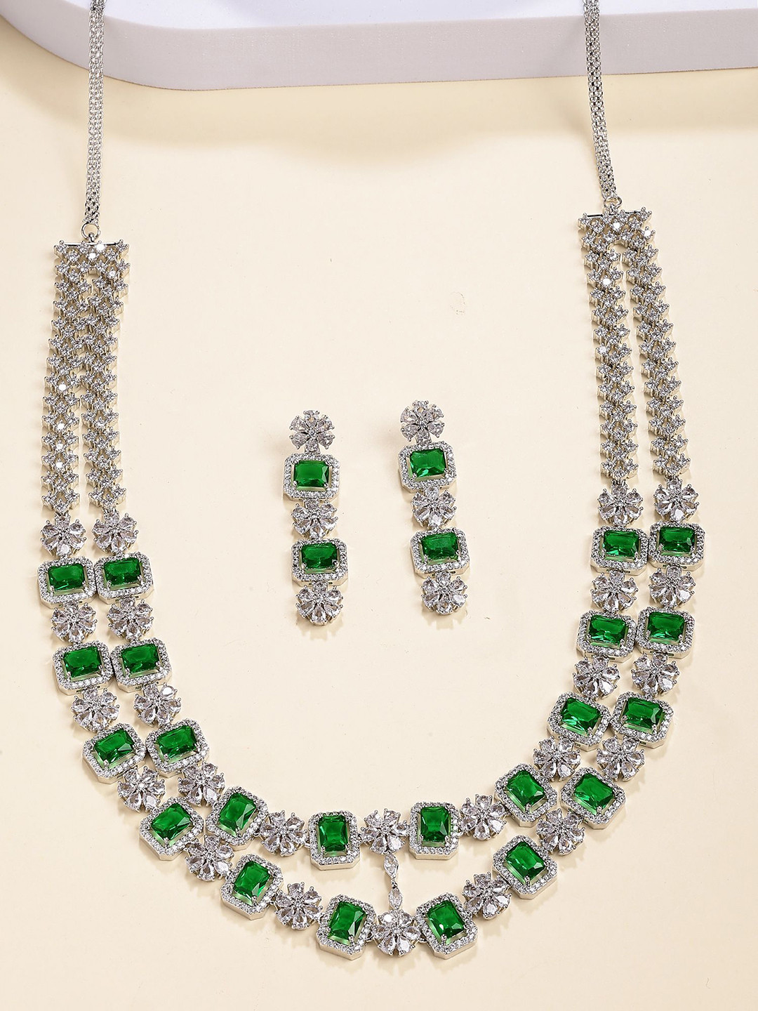 KARATCART Silver-Plated Green American Diamond Studded Long Jewellery Set