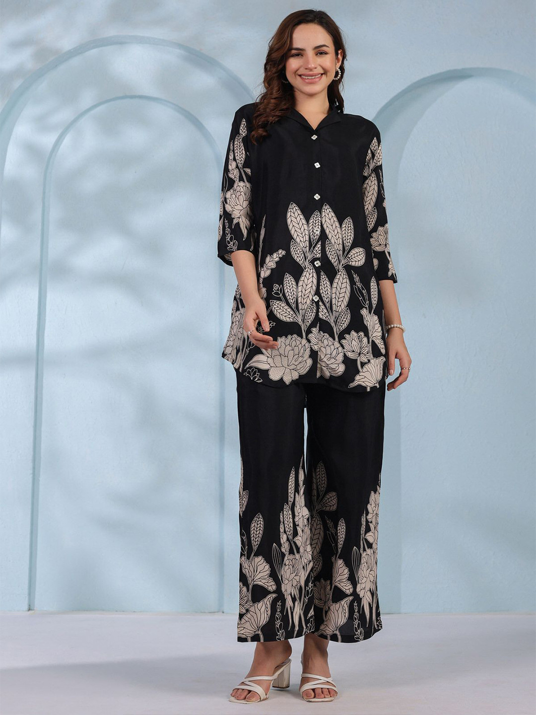 JISORA Women's Black Printed Russian Silk Top With Trousers Co-Ord Set