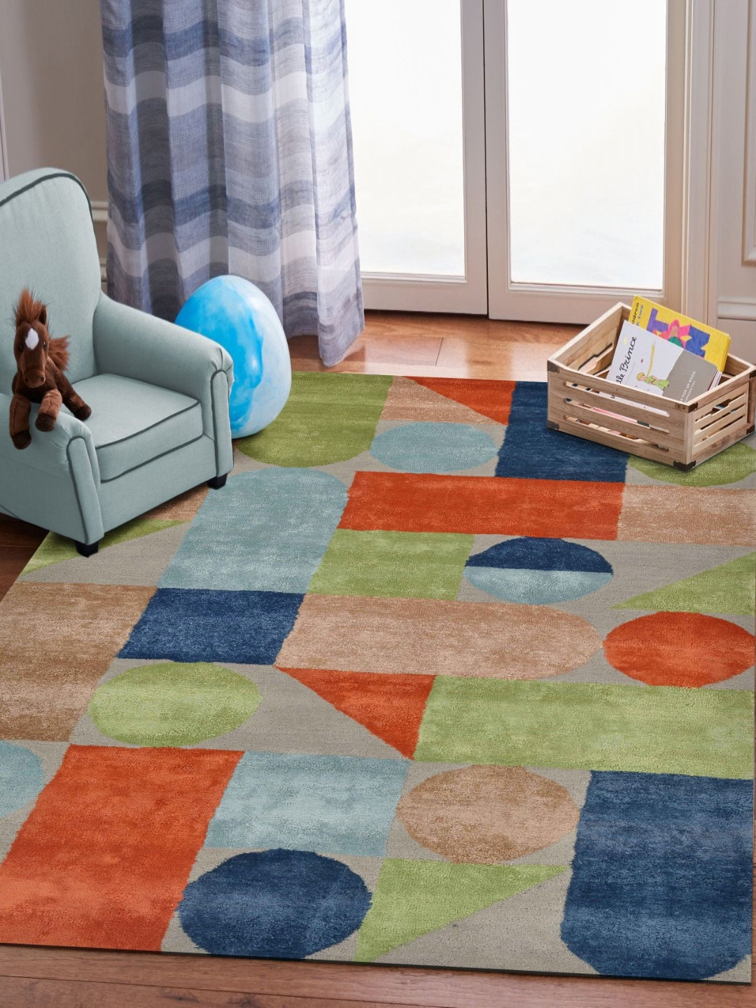 saraswatii global Little Green & Blue Geometric Printed Tufted Woollen Carpet