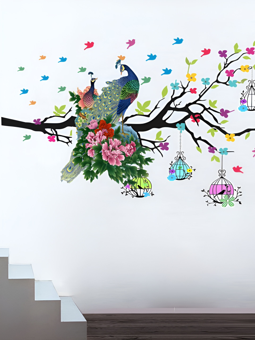 Decor Villa Multicolor Peacocks on branch arround birds Wall Sticker